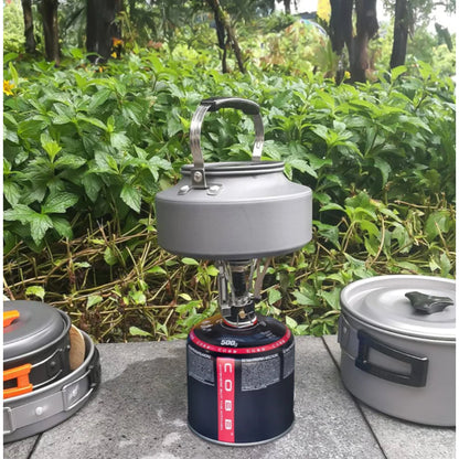 COBB 500g gas canister connected to standard screw-top camping stove for outdoor cooking use