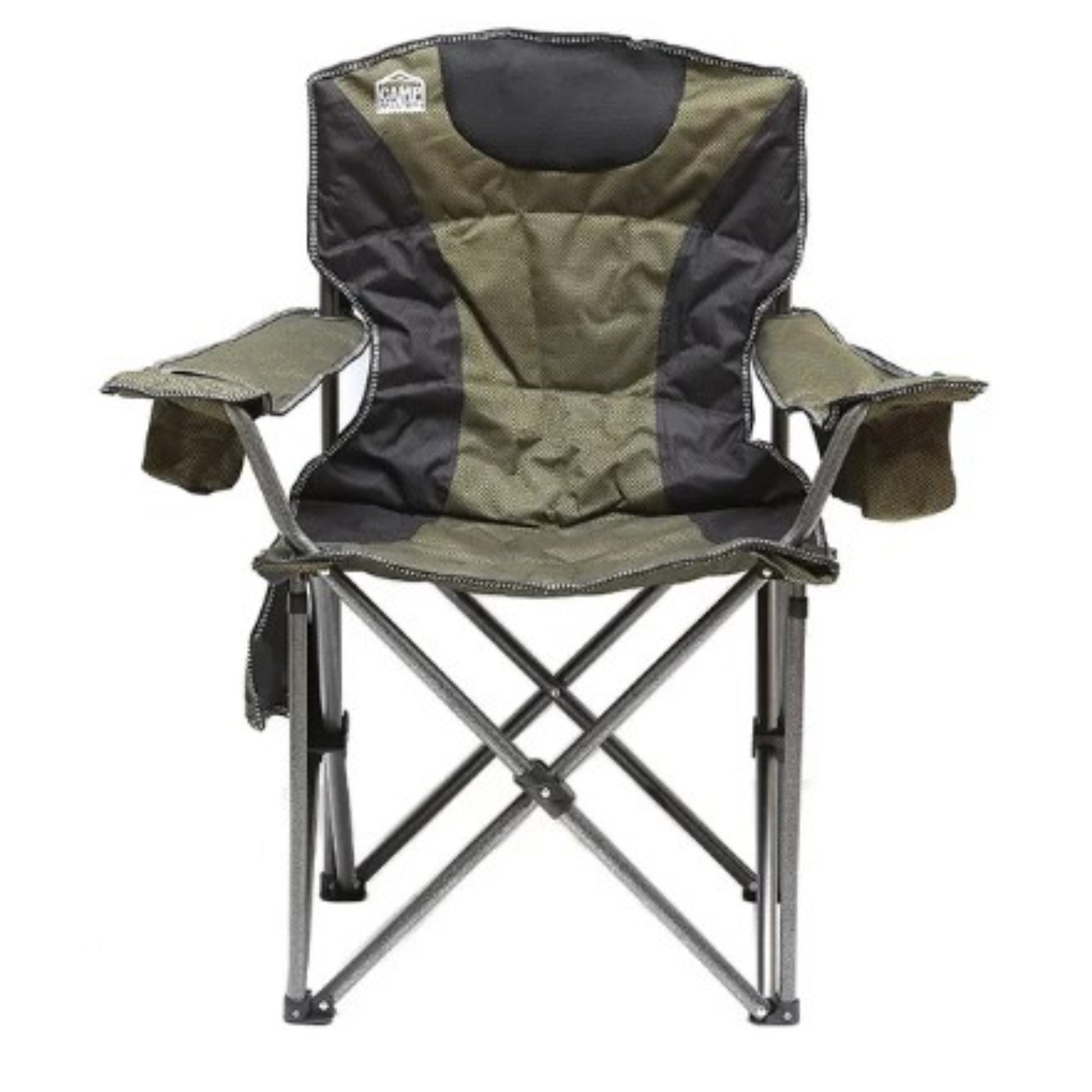Close up of heavy duty camp chair built-in cup holder on right armrest for drinks at campsite