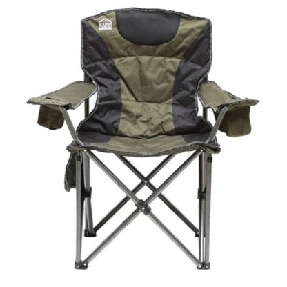 Close up of heavy duty camp chair built-in cup holder on right armrest for drinks at campsite