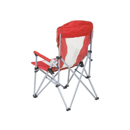 Close up of foldable camp chair built-in cup holder on side for convenient drink access during camping or fishing