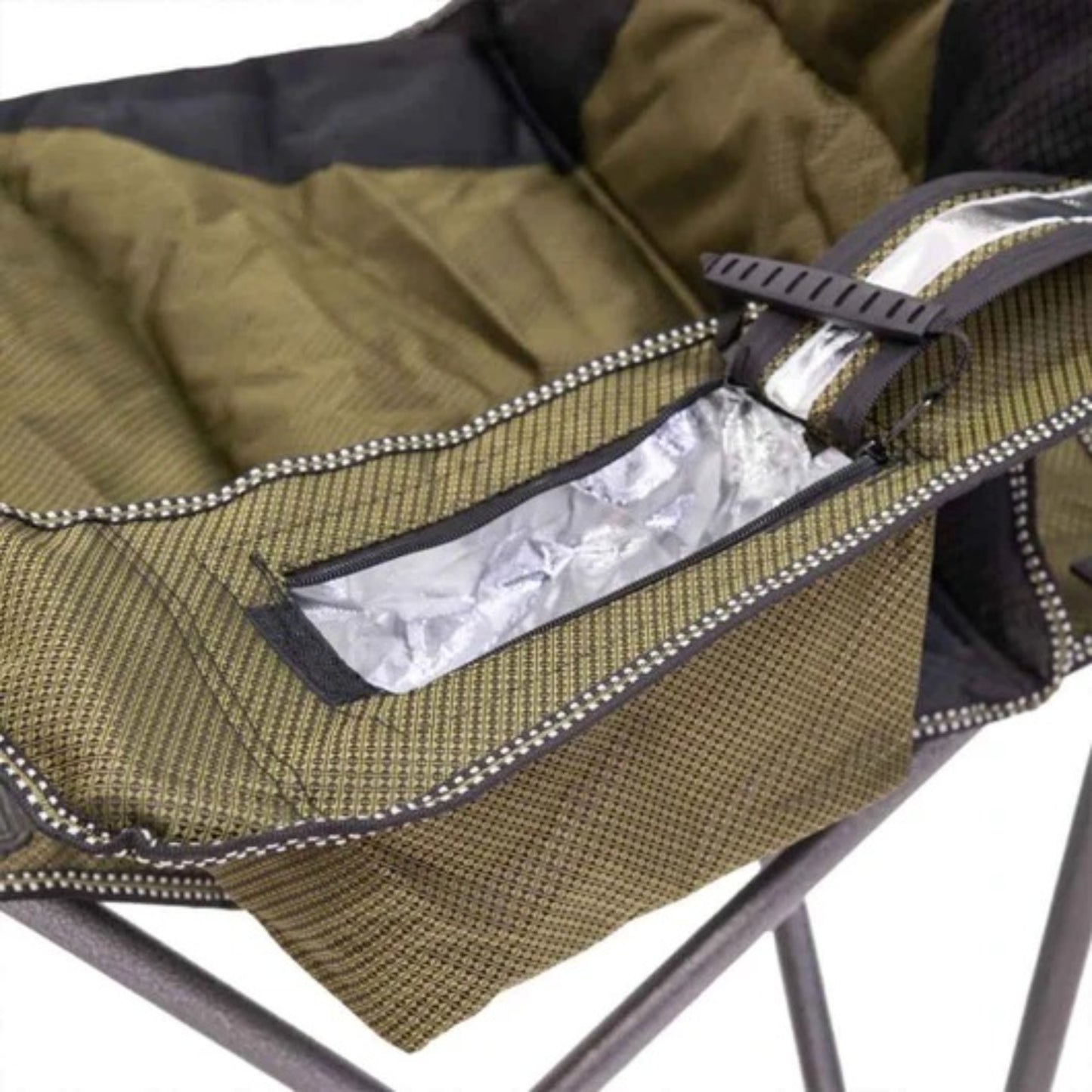 Close up of heavy duty camp chair front side storage pockets for keeping essentials within reach outdoors