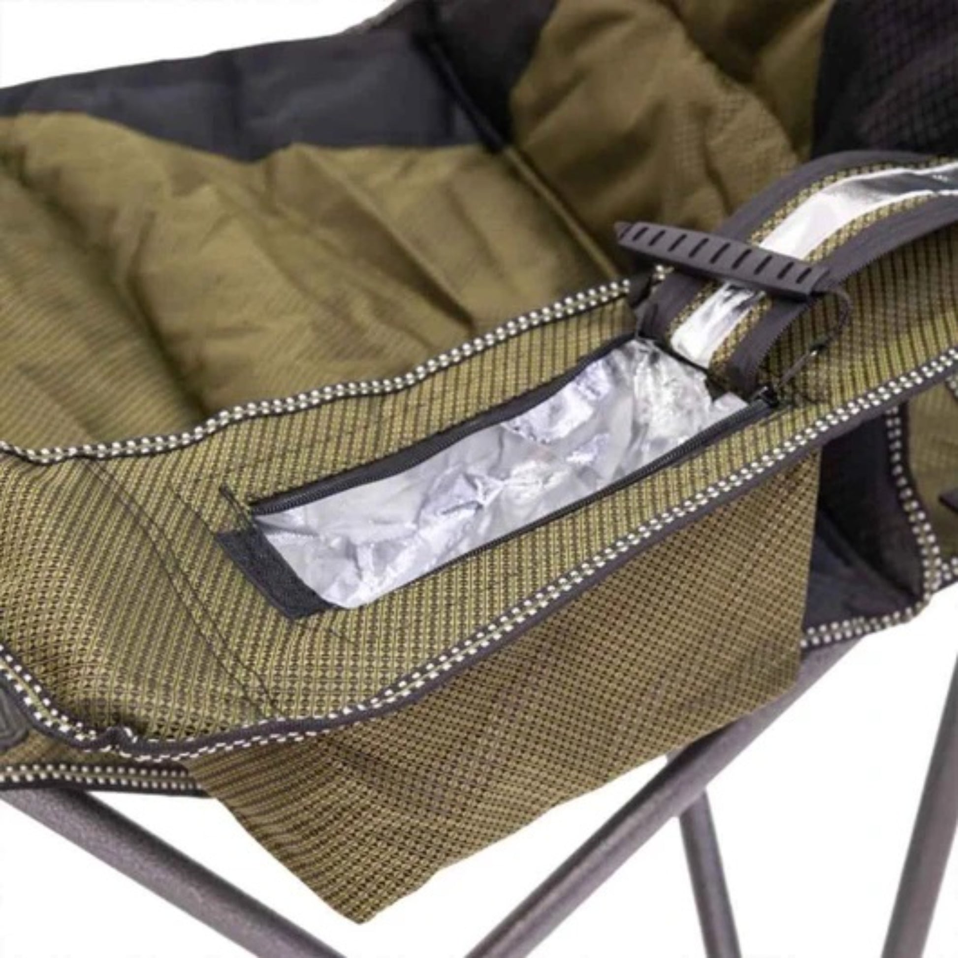 Close up of heavy duty camp chair front side storage pockets for keeping essentials within reach outdoors