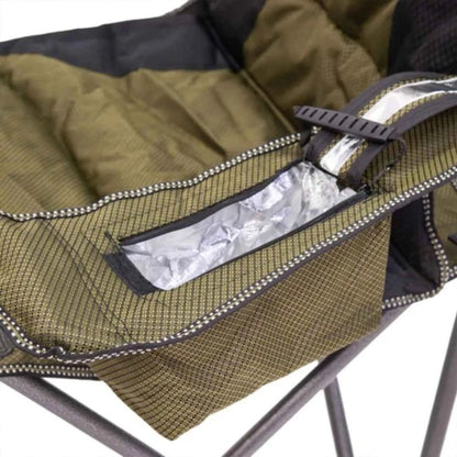 Close up of heavy duty camp chair front side storage pockets for keeping essentials within reach outdoors