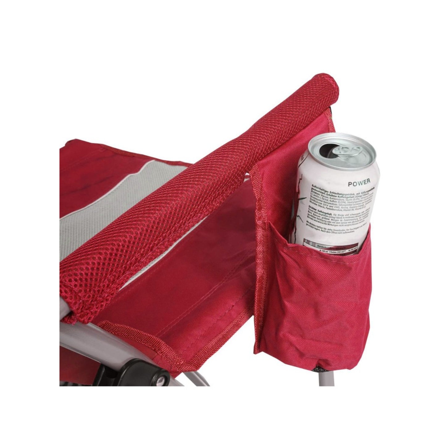 Close up of foldable camp chair white mesh ventilation panel on backrest for breathable and cool outdoor seating