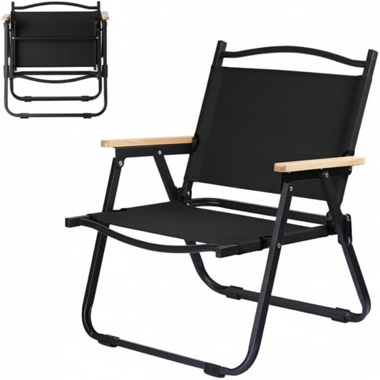 Close up of foldable camp chair natural solid wood armrest contrasting with matte black steel frame