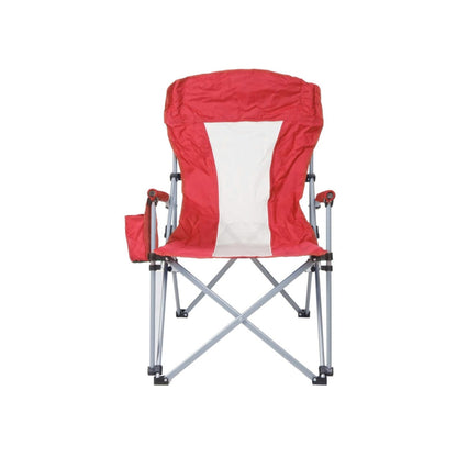 Close up of foldable camp chair padded red armrest for comfortable support during long outdoor sitting sessions
