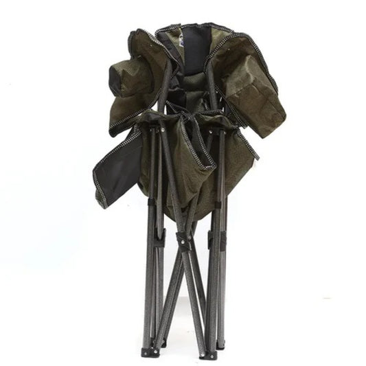 Close up of heavy duty camp chair padded headrest and backrest with mesh ventilation panels for outdoor comfort