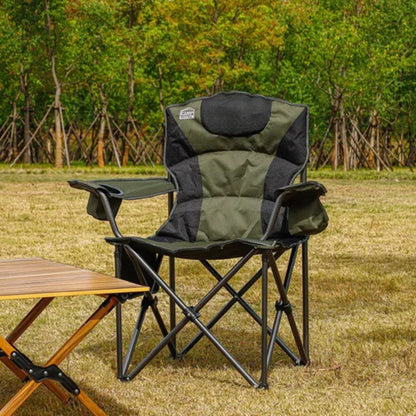 Close up of heavy duty camp chair padded headrest and backrest with mesh ventilation panels for outdoor comfort