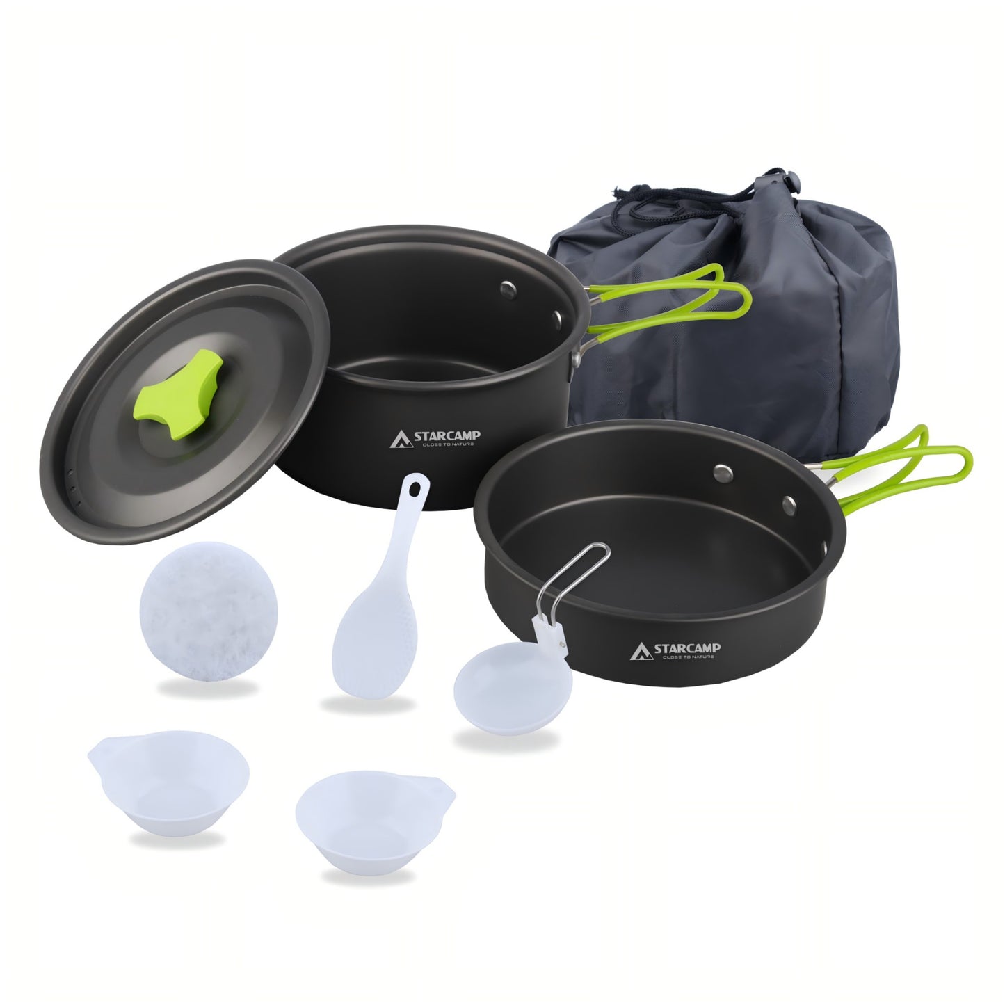 Camping cookware set with pots, pans, and utensils on a white background