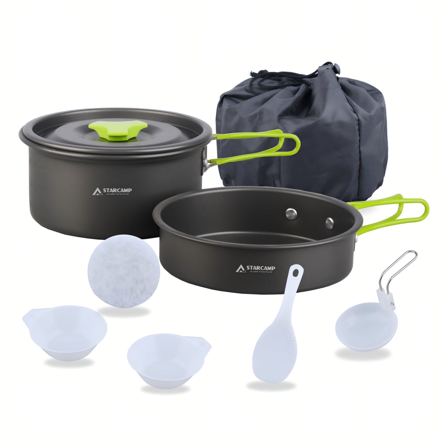 Camping cookware set with pots, pans, and utensils on a white background