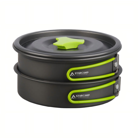 Two stacked camping cookware pots with green accents and 'Starcamp' branding on a white background.
