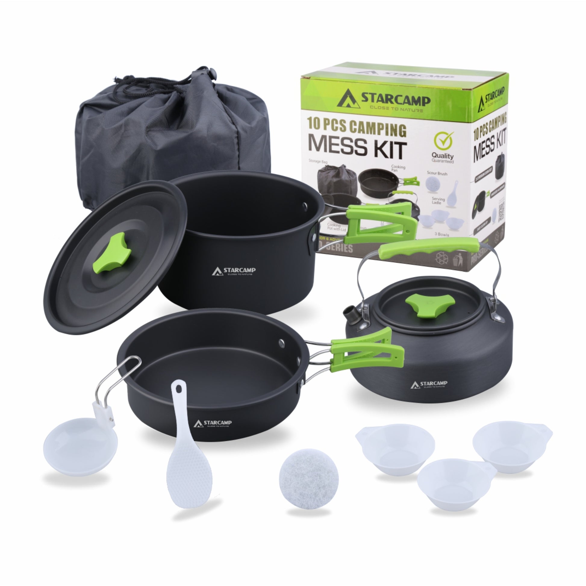 Starcamp 10-piece camping mess kit with pots, pans, and utensils on a white background.