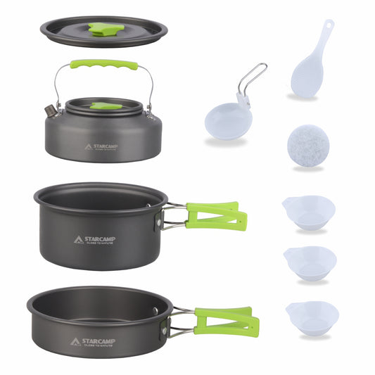 Starcamp camping cookware set with pots, pans, and strainers on a white background