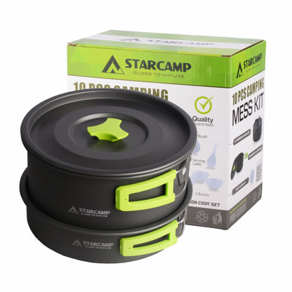Starcamp camping cook set with two black pots with green handles and a box in the background.