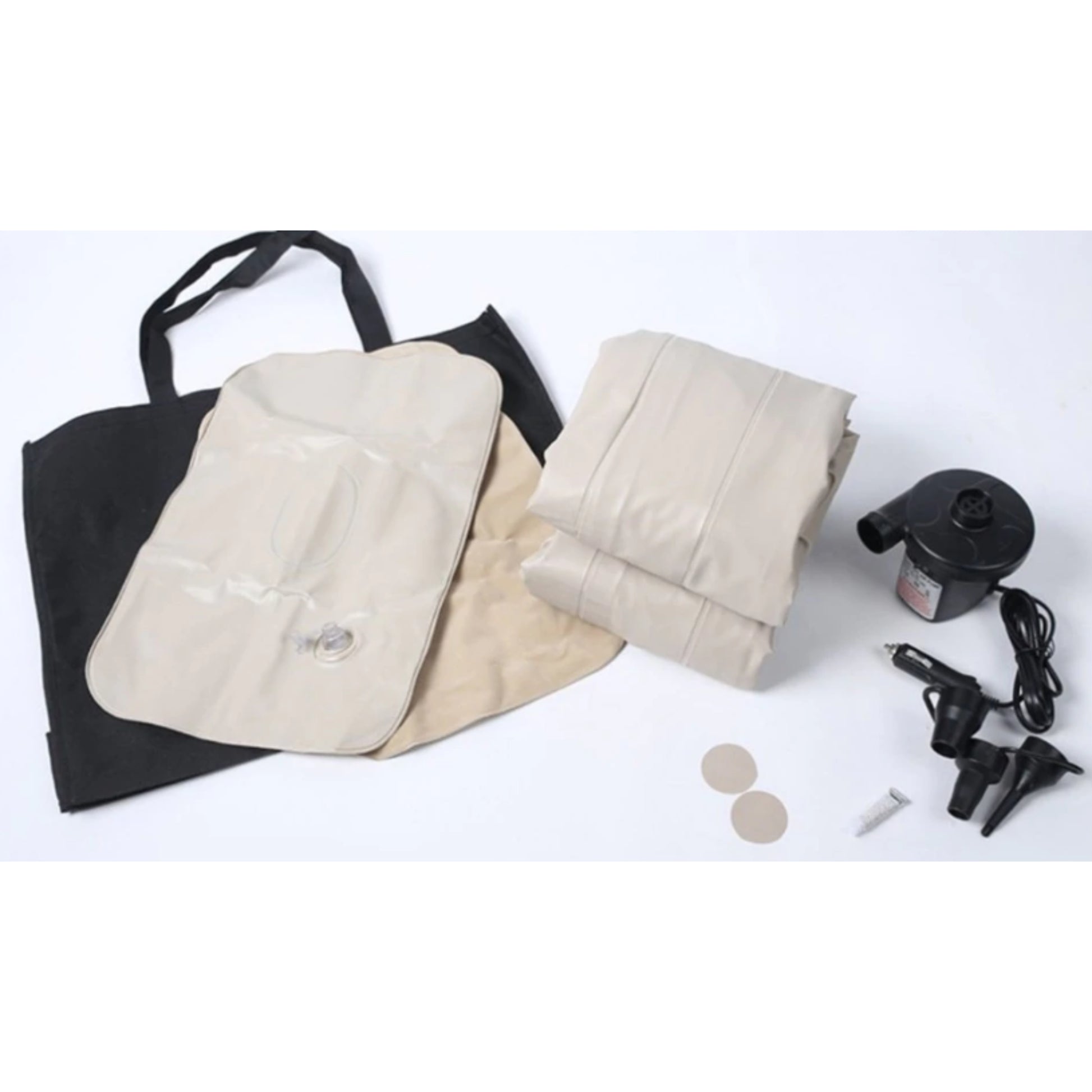 Two navy blue inflatable pillows included with car back seat mattress for comfortable road trip sleeping