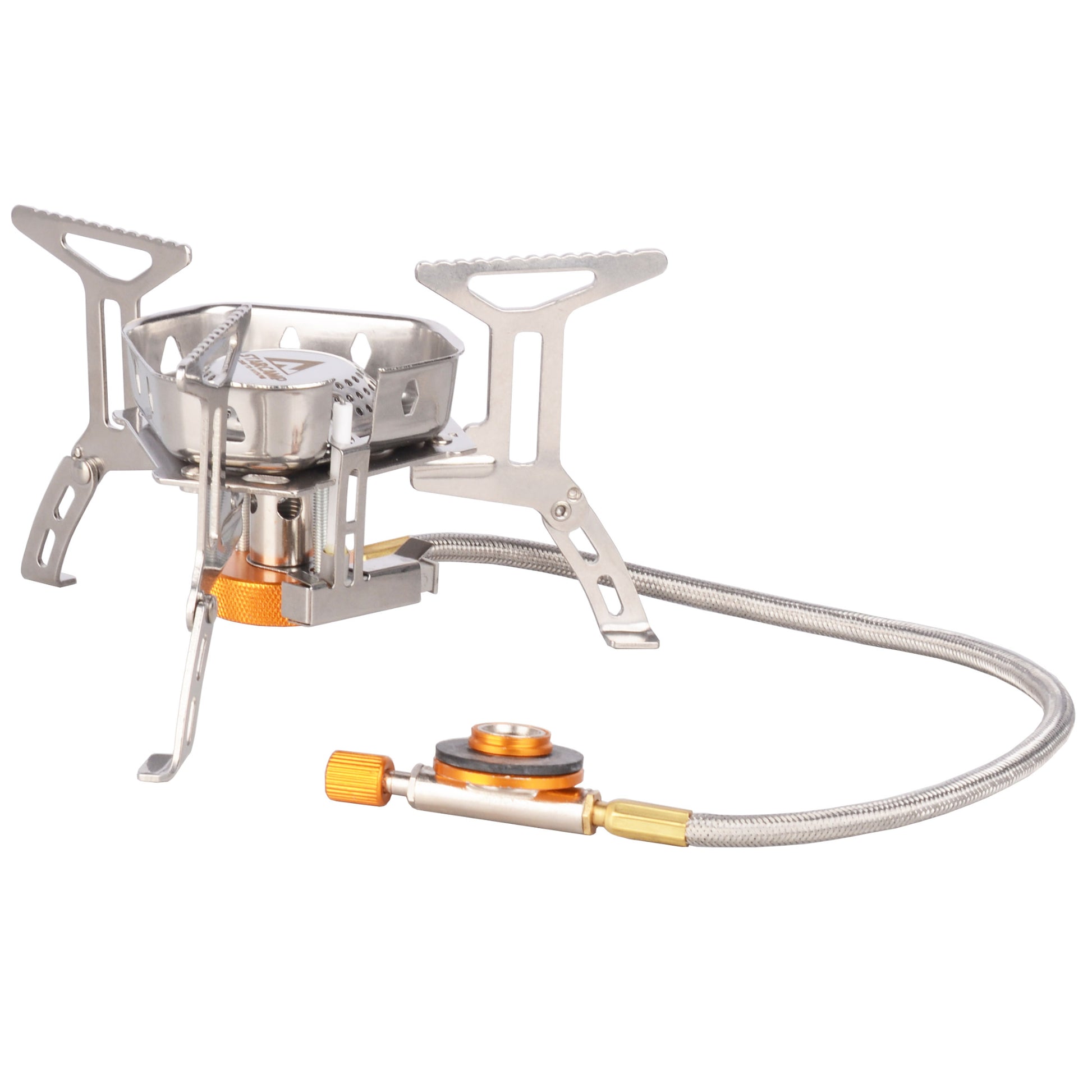 Portable camping stove with a hose on a white background