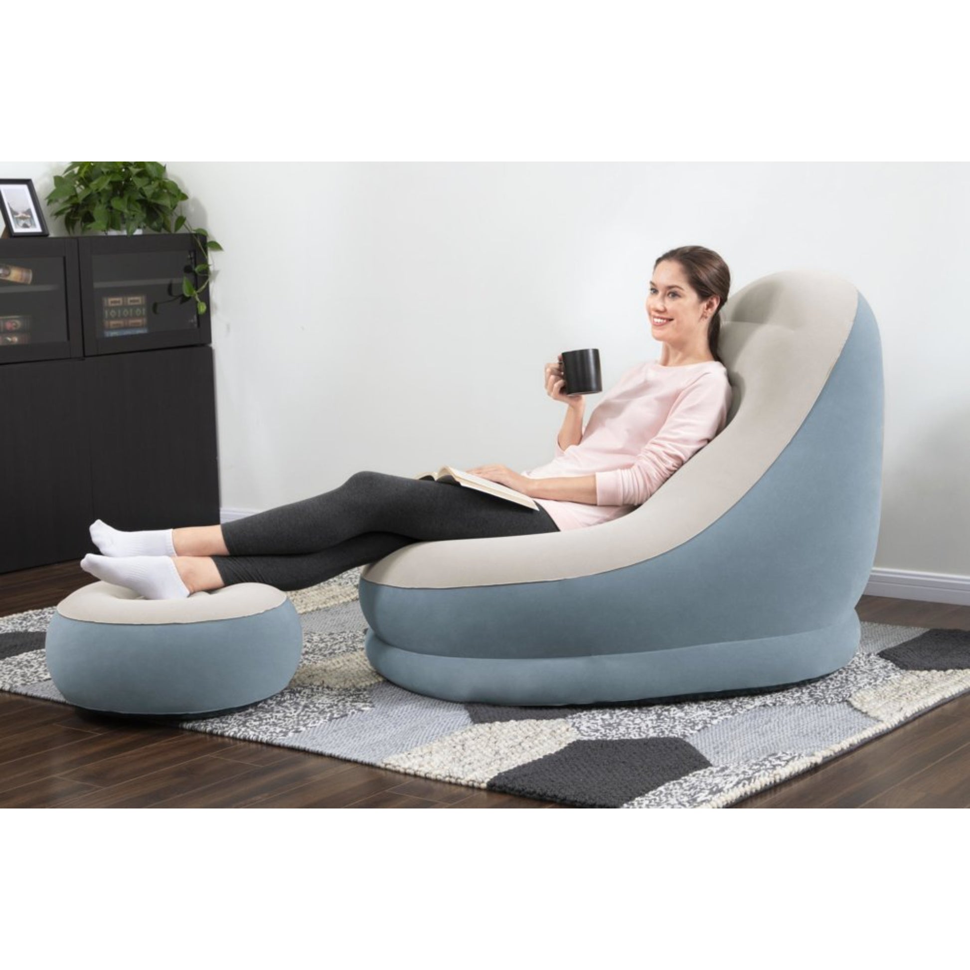 Inflatable Lounge Chair Ottoman Set In Use Indoor Outdoor