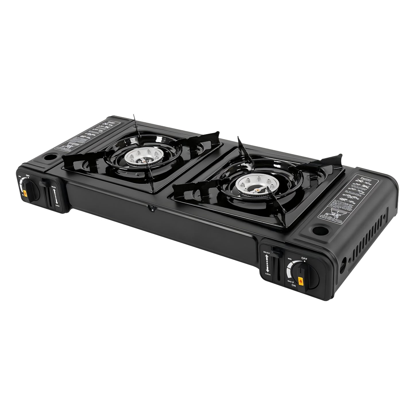 Black portable gas stove with two burners on a white background