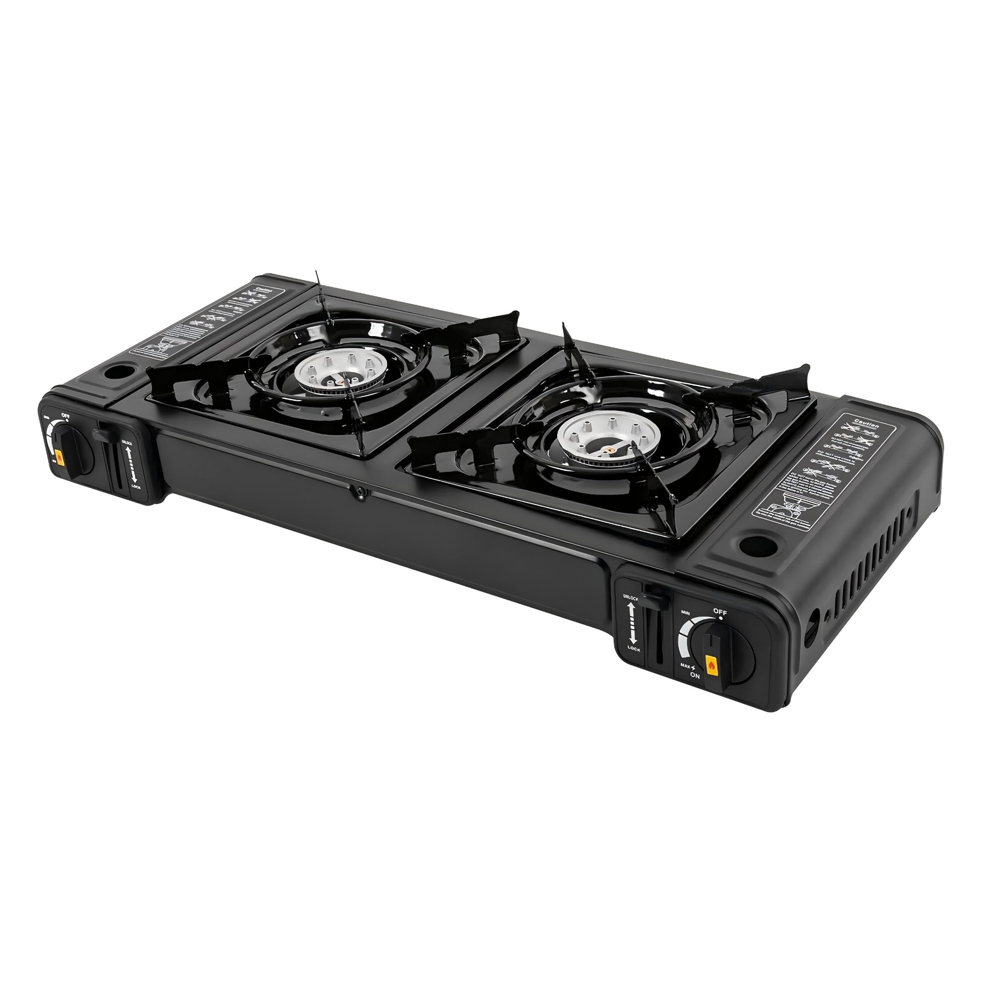 Black portable gas stove with two burners on a white background