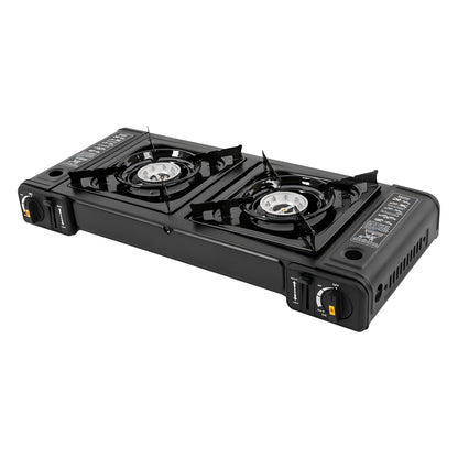 Black portable gas stove with two burners on a white background