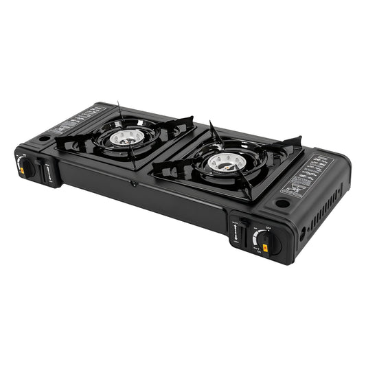 Black portable gas stove with two burners on a white background