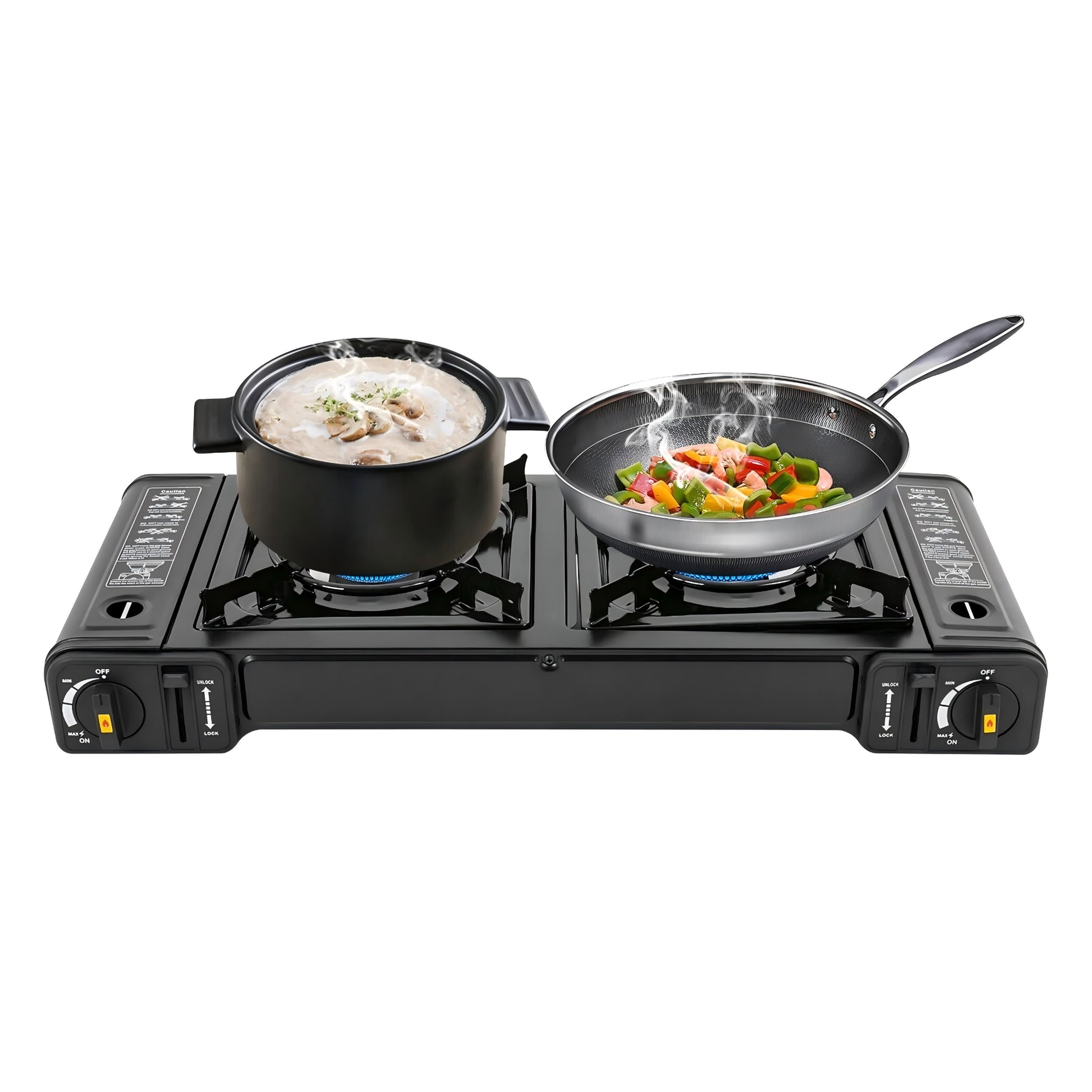 Portable stove with two burners, one cooking soup and the other stir-fry, on a white background.