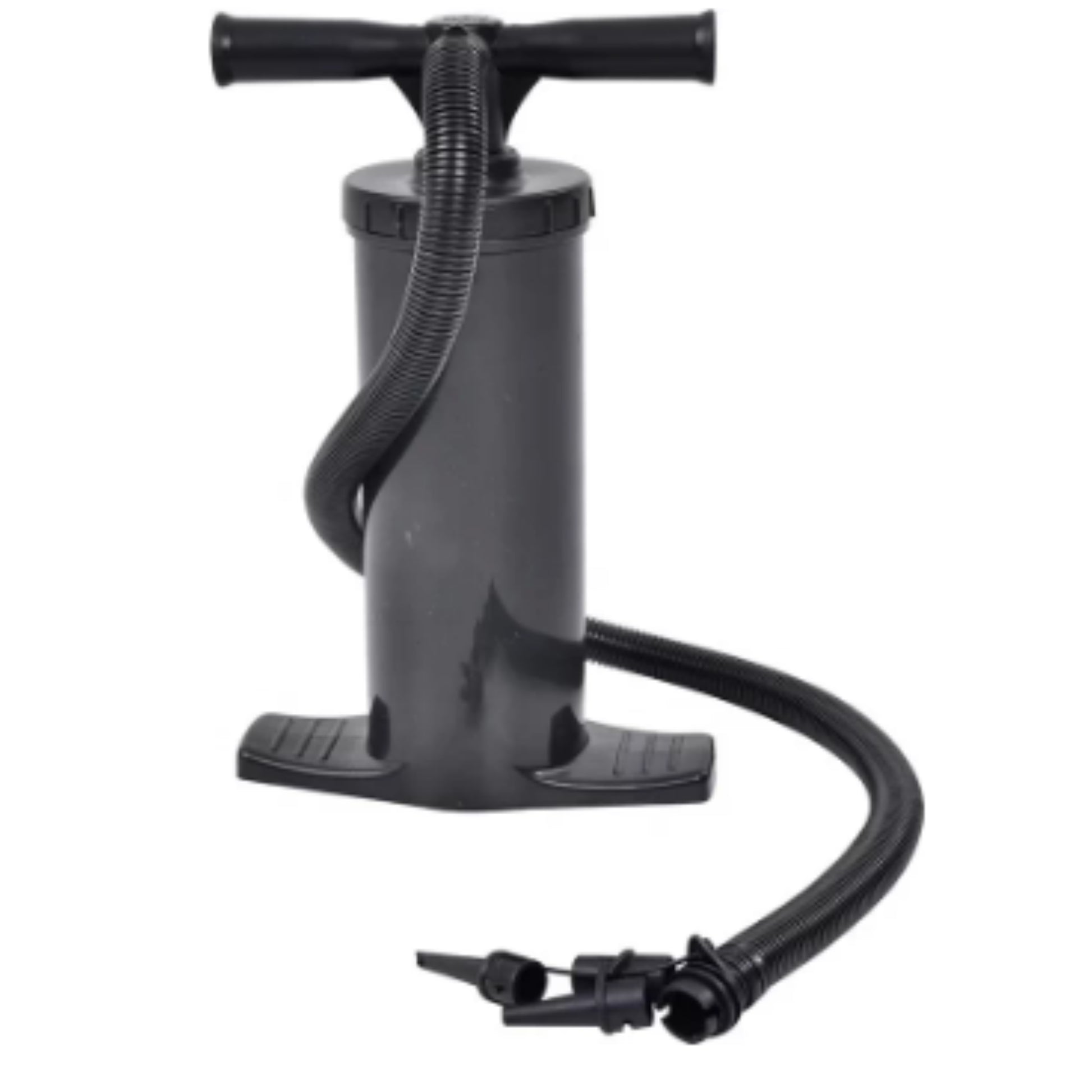 Double-action hand pump 45cm in dark grey with two-hand T-bar rubber grip handle, flexible hose and 3 nozzle adapters