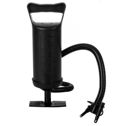 Double-action hand pump 8.7×30cm in matte black with T-bar handle, flexible ribbed hose, non-slip foot base and 2 nozzle adapters