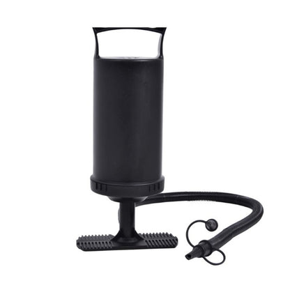 Double-action hand pump 9.7×36cm in matte black with loop handle, wide ribbed foot base, flexible hose and 2 nozzle adapters