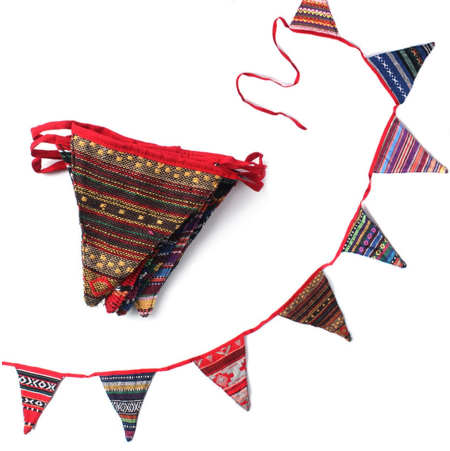 Ethnic boho pennant bunting with 12 multicolour triangular flags on red string at 320cm total length for camping and festivals