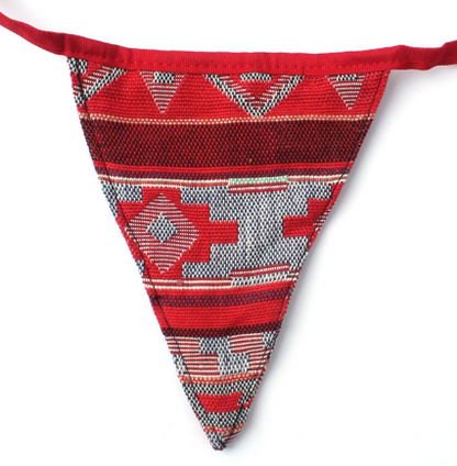 Full 320cm length of ethnic boho pennant bunting with 12 triangular flags displayed showing complete decorative effect