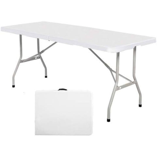 Fold-in-half outdoor table showing white HDPE top with grey powder-coated steel legs open at 122 x 60.5 x 74cm and folded compact