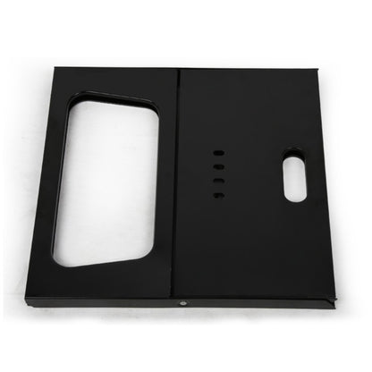 Black rectangular object with a white square cutout on a white background