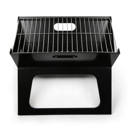 Black portable grill with a white background