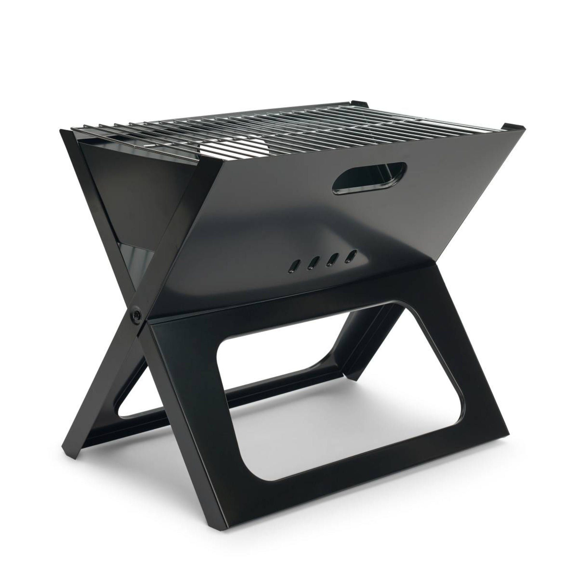 Black portable grill with X-shaped design on a white background