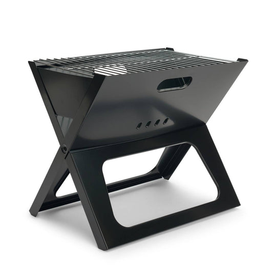 Black portable grill with X-shaped design on a white background
