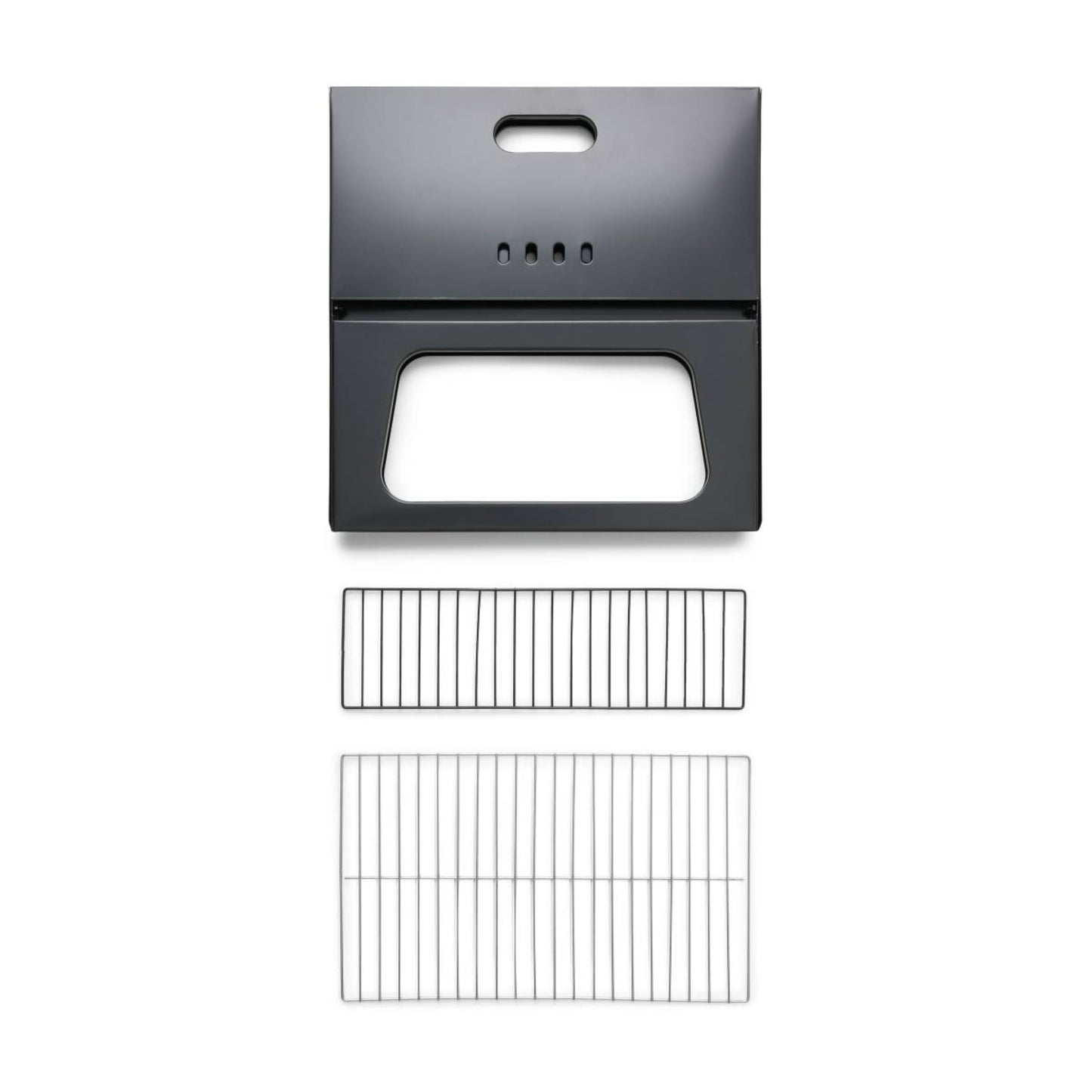 Black grill cover and two metal grates on a white background