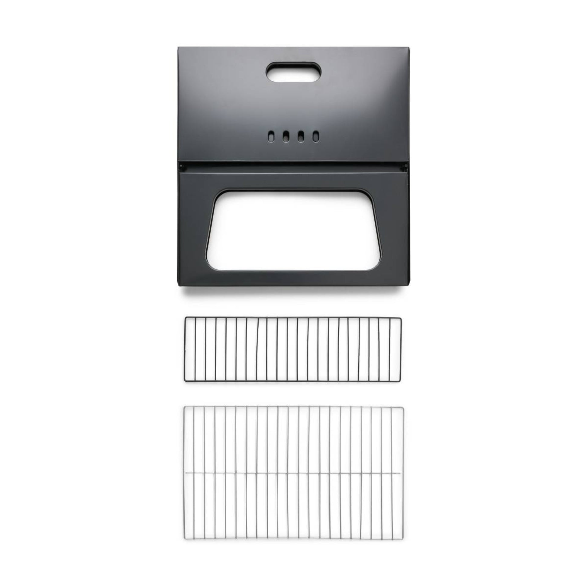 Black grill cover and two metal grates on a white background