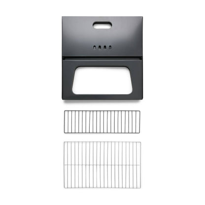 Black grill cover and two metal grates on a white background
