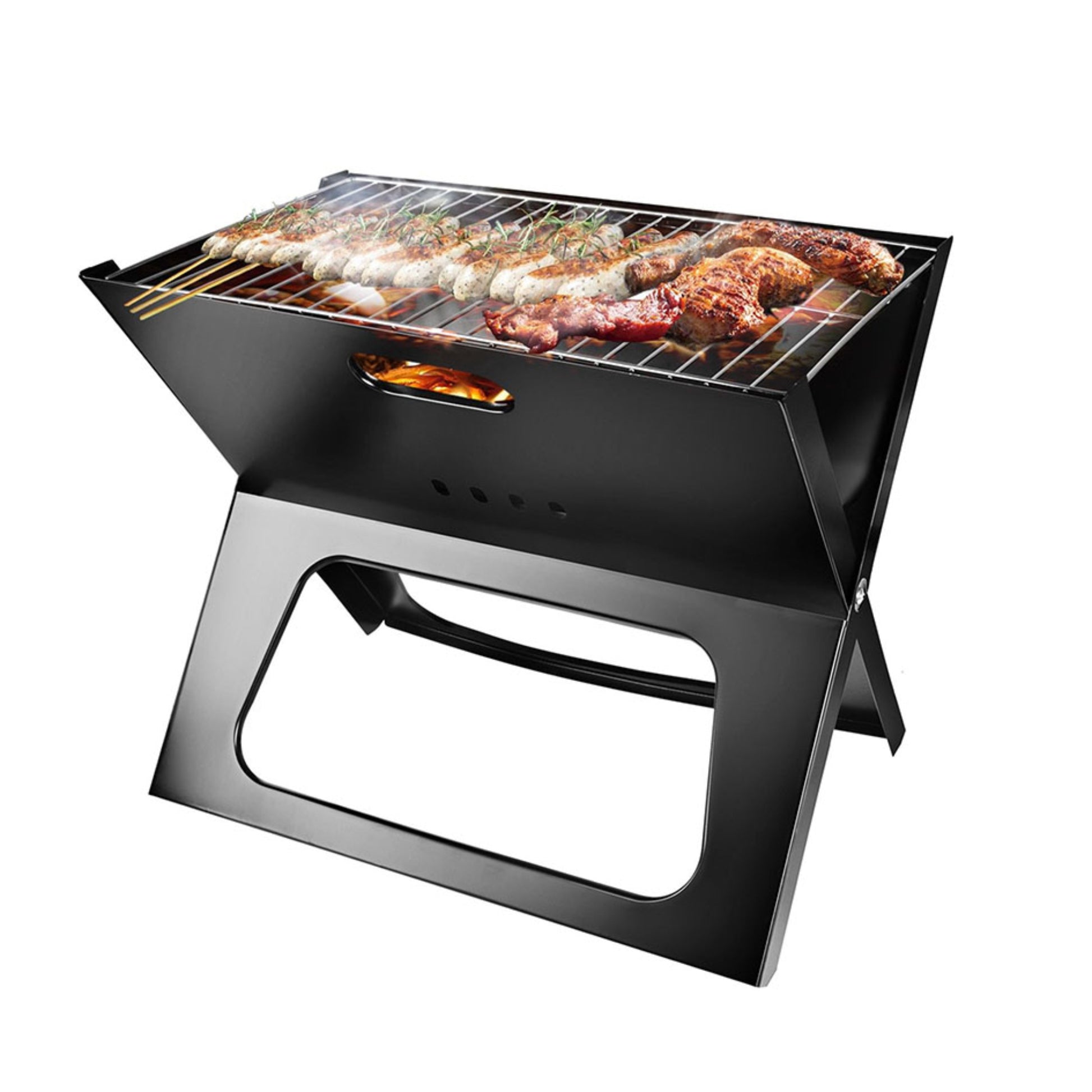 Portable grill with food on a white background