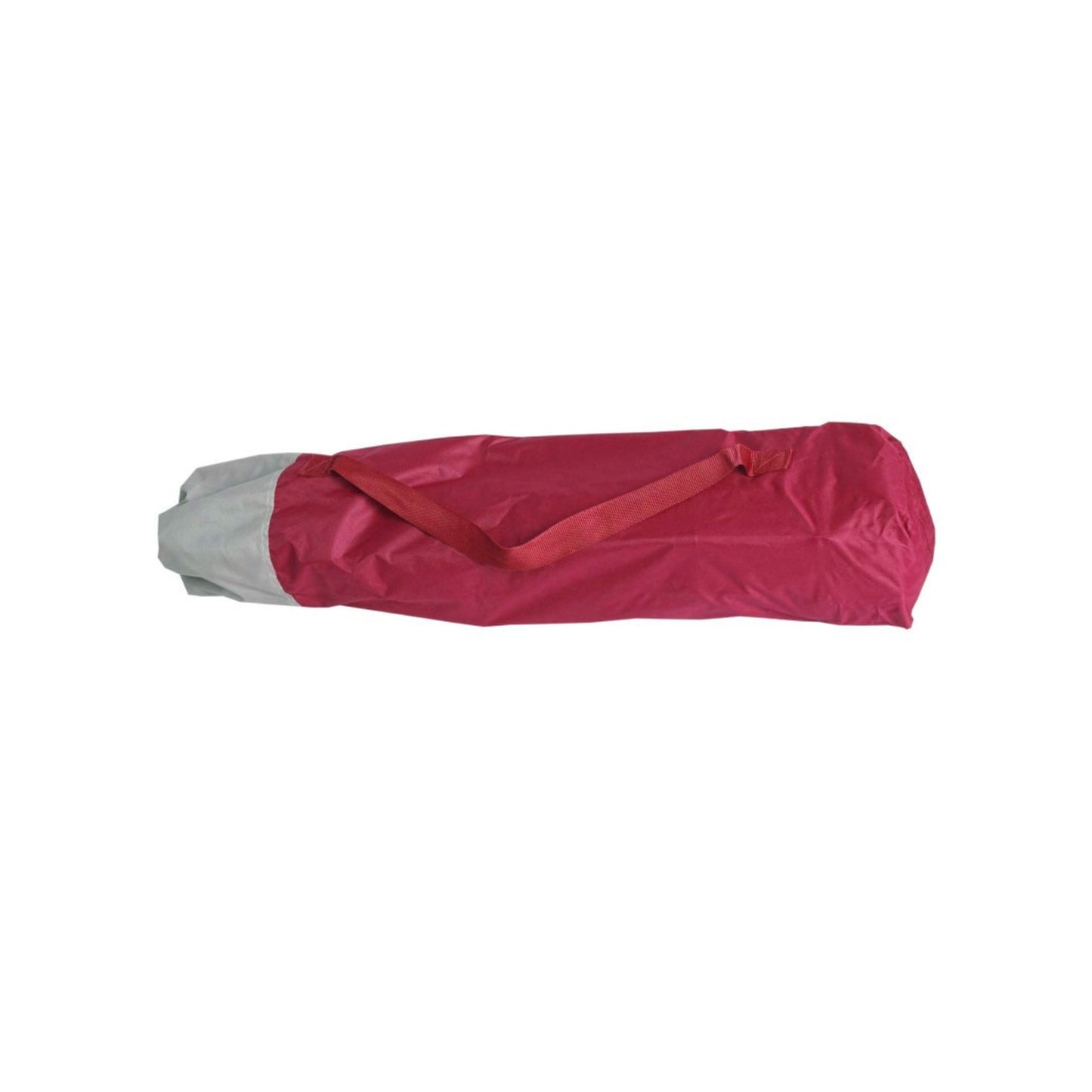 Foldable red and white camp chair folded flat for compact storage and easy transport to campsite, beach or fishing spot