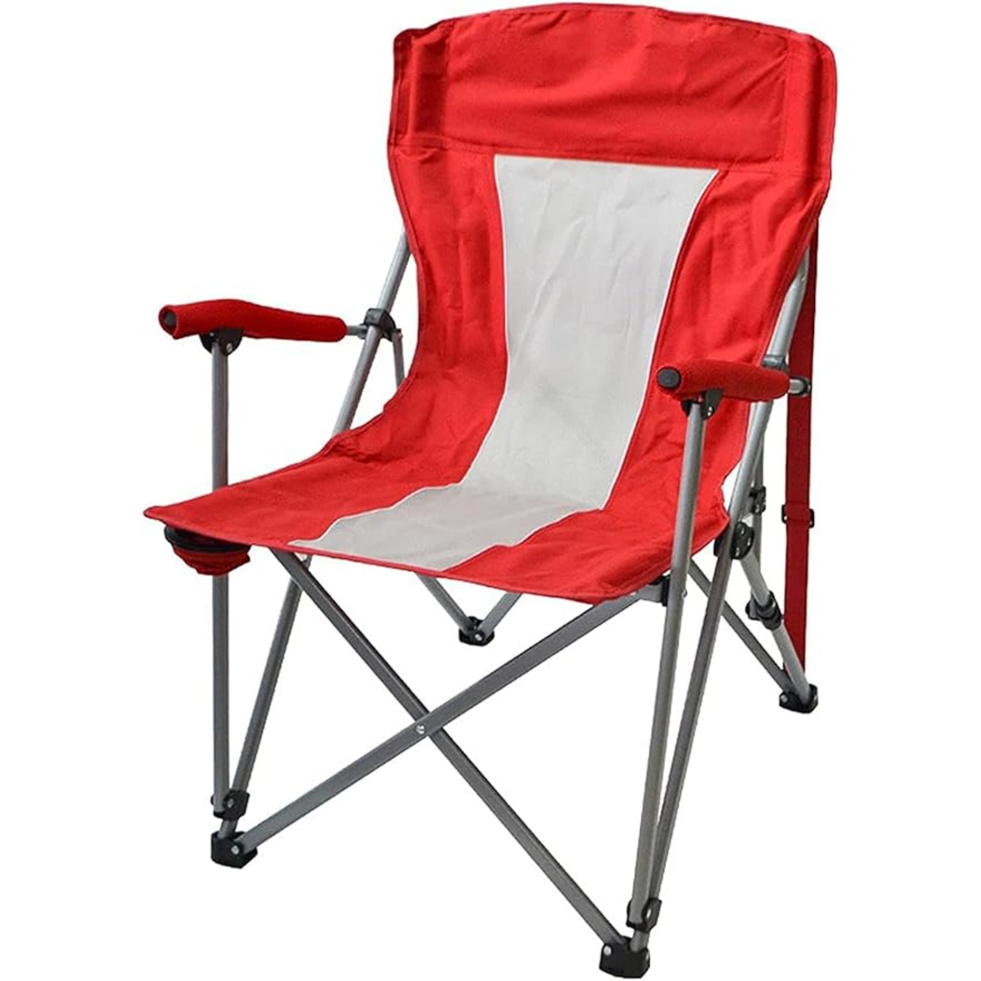 Foldable camp chair in red and white 600D Oxford fabric with padded armrests, built-in cup holder and grey steel X-frame