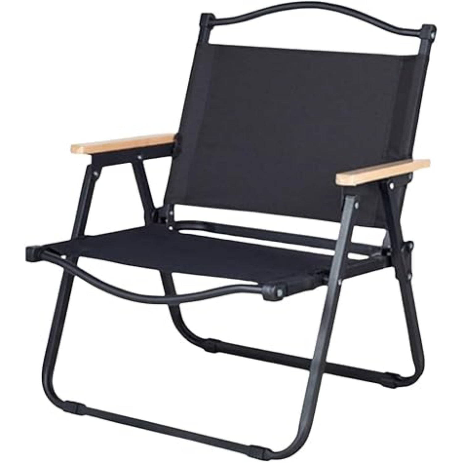 Foldable camp chair with natural wood armrests, matte black powder-coated steel frame and double-layer black Oxford cloth seat and back