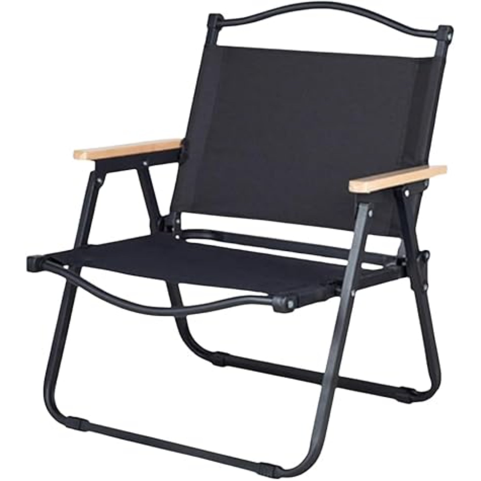 Foldable camp chair with natural wood armrests, matte black powder-coated steel frame and double-layer black Oxford cloth seat and back