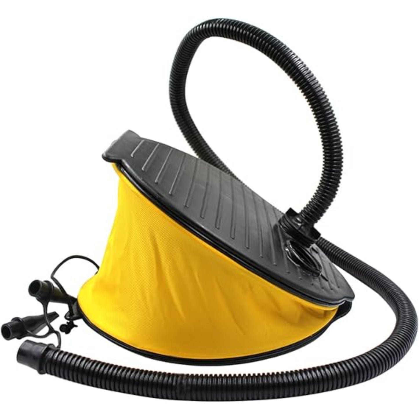 Foot bellows air pump 19×16cm with yellow fabric bellows body, black ribbed tread plate, flexible hose and 3 nozzle adapters