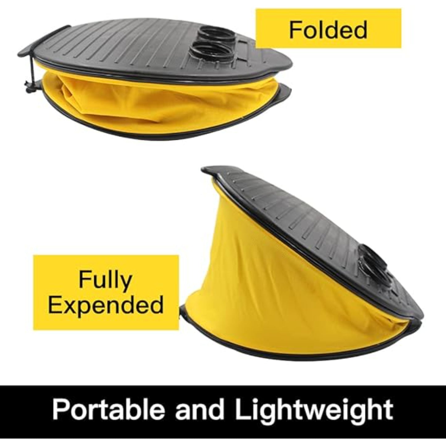 Foot bellows air pump in use being operated by foot pressure to inflate camping air mattress or inflatable pool