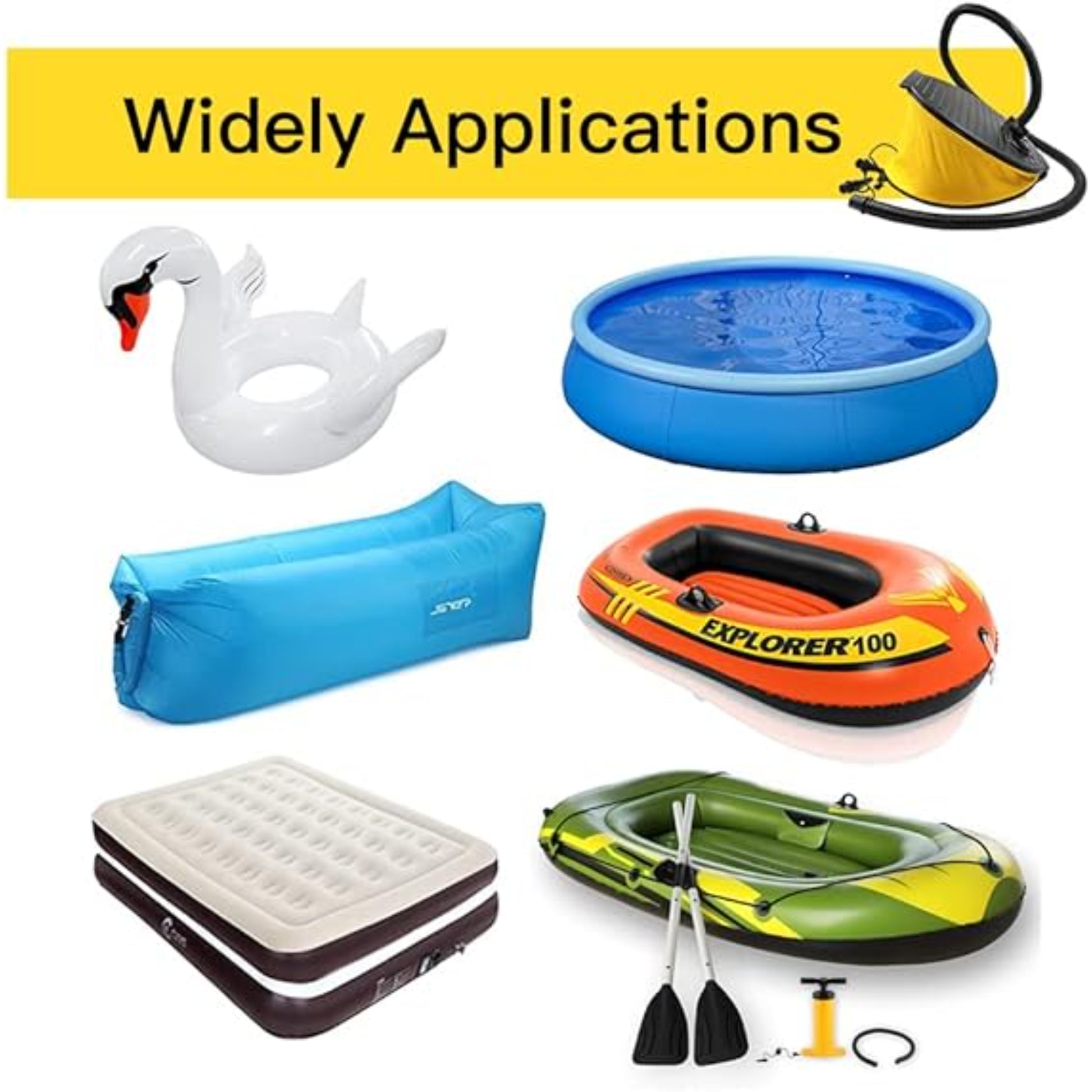 Foot bellows air pump showing compact 19 × 16cm dimensions for easy packing in camping bag backpack or suitcase