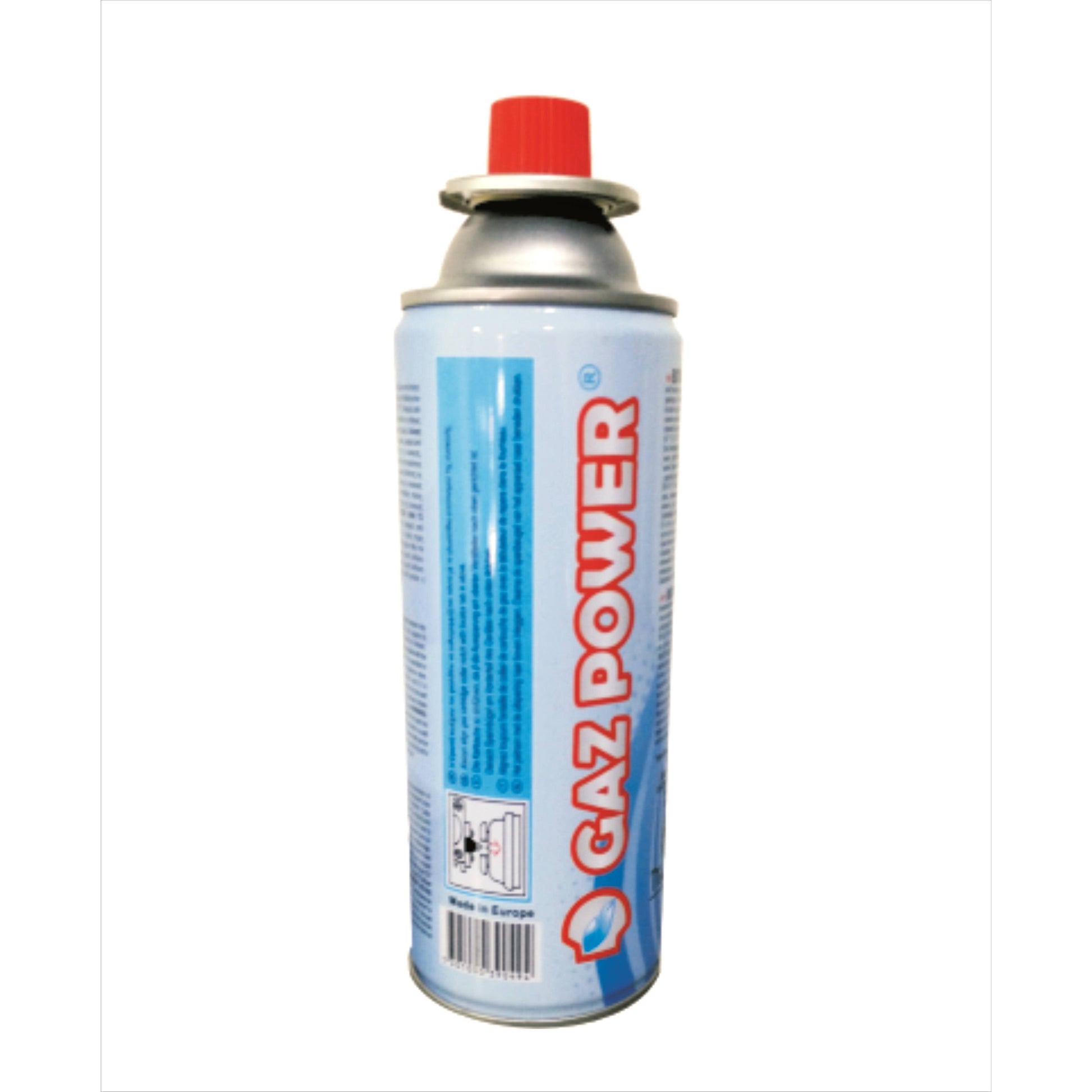 Gaz Power 227g butane gas cartridge in light blue with red protective valve cap and bayonet connection for camping stoves and heaters