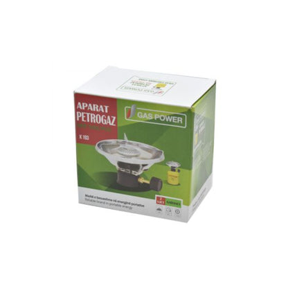 Close up of Gaz Power portable gas stove round bowl stainless steel burner head with perforated burner cap