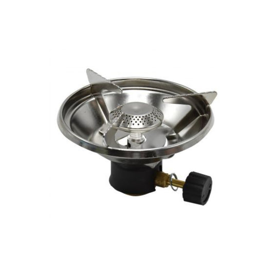 Close up of Gaz Power round bowl gas stove folding stainless steel pot support wings extended for cooking